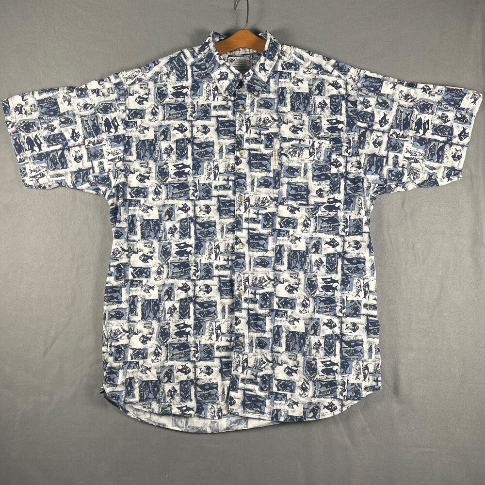 Columbia Mens S/S Button Up Shirt 2XT All Over Print Fish Outdoors Camp Shirt
